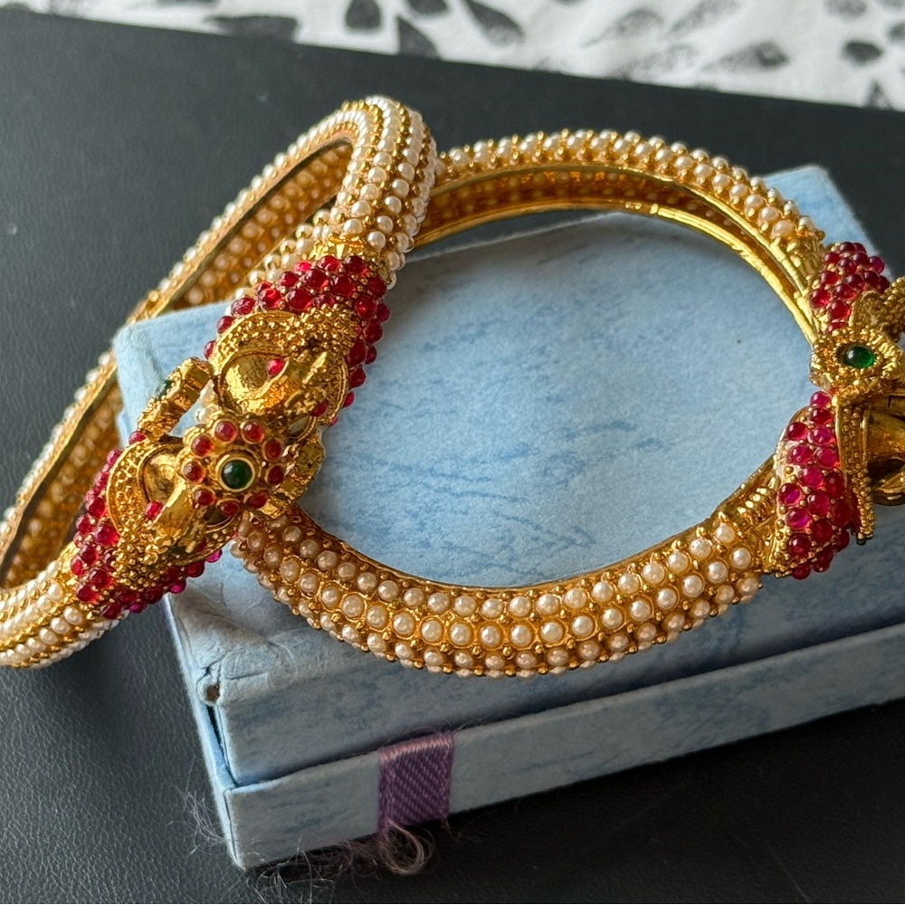 Elegant Gold and Red Pearl Bangle Set